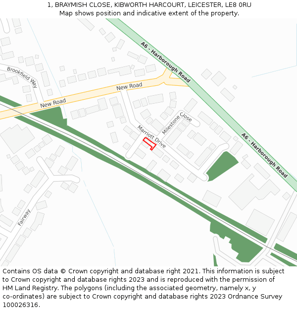 1, BRAYMISH CLOSE, KIBWORTH HARCOURT, LEICESTER, LE8 0RU: Location map and indicative extent of plot