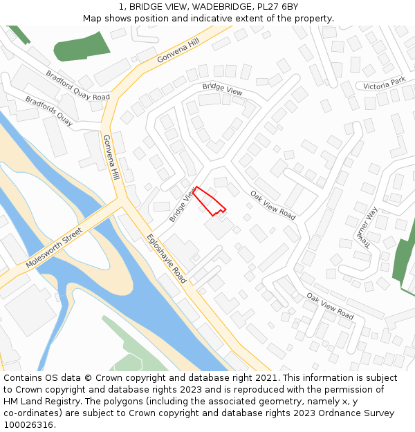 1, BRIDGE VIEW, WADEBRIDGE, PL27 6BY: Location map and indicative extent of plot