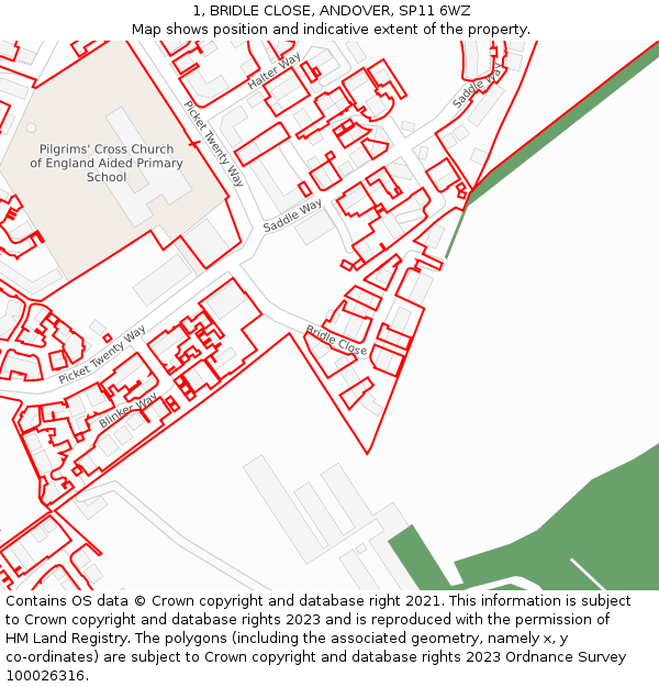 1, BRIDLE CLOSE, ANDOVER, SP11 6WZ: Location map and indicative extent of plot