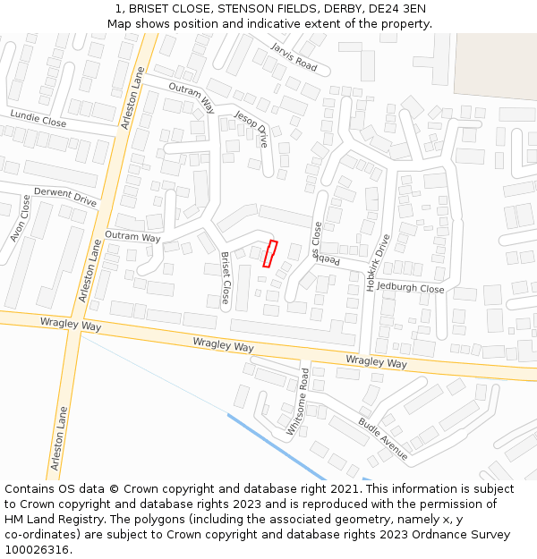 1, BRISET CLOSE, STENSON FIELDS, DERBY, DE24 3EN: Location map and indicative extent of plot