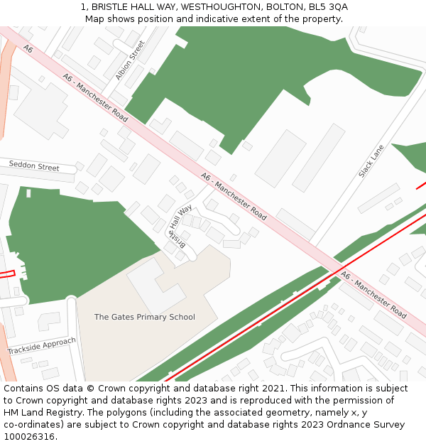 1, BRISTLE HALL WAY, WESTHOUGHTON, BOLTON, BL5 3QA: Location map and indicative extent of plot