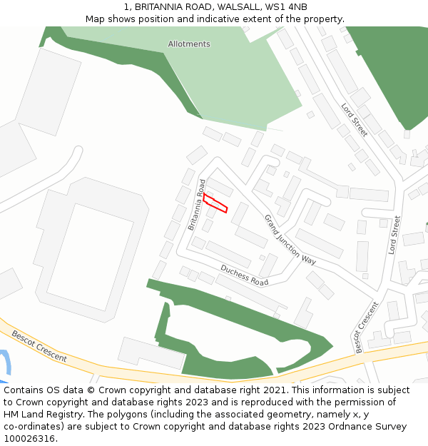 1, BRITANNIA ROAD, WALSALL, WS1 4NB: Location map and indicative extent of plot