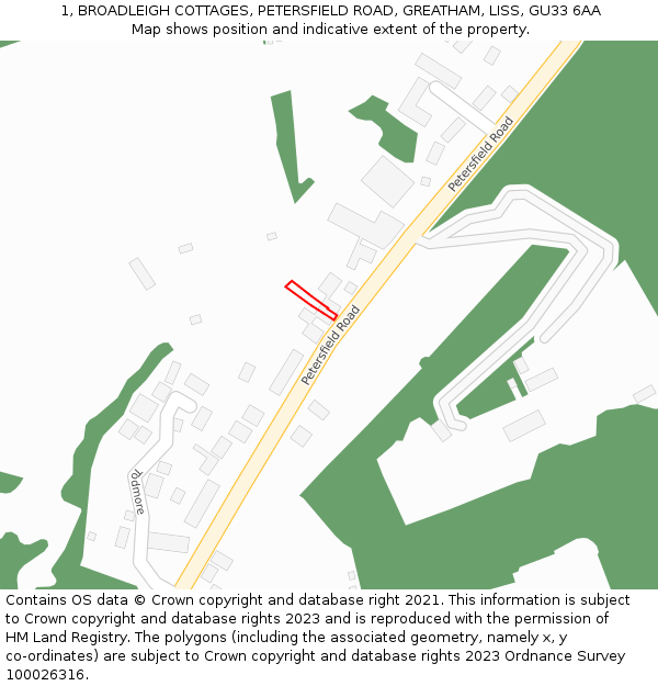 1, BROADLEIGH COTTAGES, PETERSFIELD ROAD, GREATHAM, LISS, GU33 6AA: Location map and indicative extent of plot