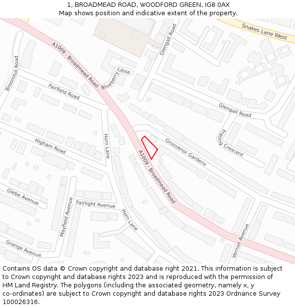 1, BROADMEAD ROAD, WOODFORD GREEN, IG8 0AX: Location map and indicative extent of plot