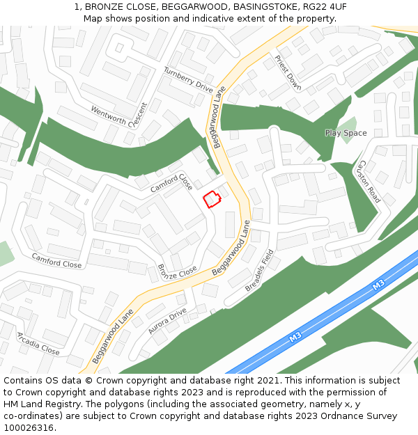 1, BRONZE CLOSE, BEGGARWOOD, BASINGSTOKE, RG22 4UF: Location map and indicative extent of plot