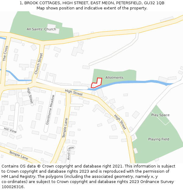 1, BROOK COTTAGES, HIGH STREET, EAST MEON, PETERSFIELD, GU32 1QB: Location map and indicative extent of plot