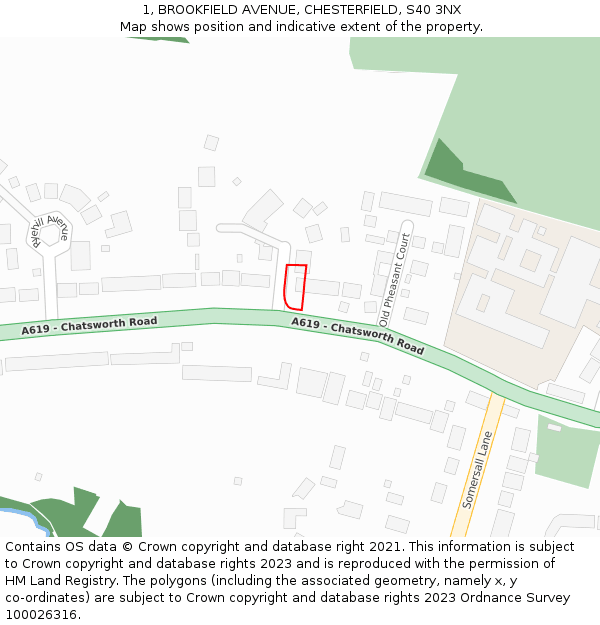 1, BROOKFIELD AVENUE, CHESTERFIELD, S40 3NX: Location map and indicative extent of plot