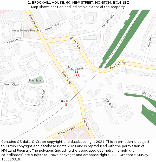 1, BROOKHILL HOUSE, 60, NEW STREET, HONITON, EX14 1BZ: Location map and indicative extent of plot