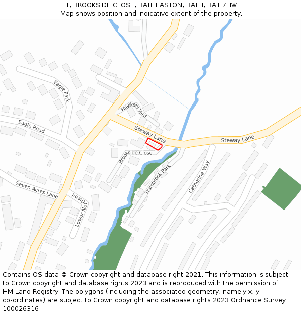 1, BROOKSIDE CLOSE, BATHEASTON, BATH, BA1 7HW: Location map and indicative extent of plot