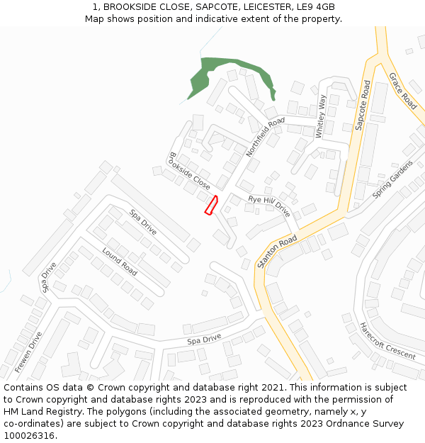 1, BROOKSIDE CLOSE, SAPCOTE, LEICESTER, LE9 4GB: Location map and indicative extent of plot