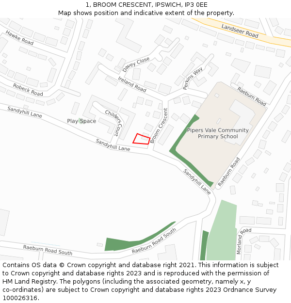 1, BROOM CRESCENT, IPSWICH, IP3 0EE: Location map and indicative extent of plot