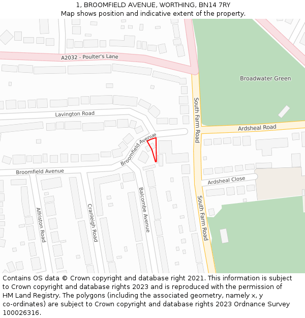 1, BROOMFIELD AVENUE, WORTHING, BN14 7RY: Location map and indicative extent of plot