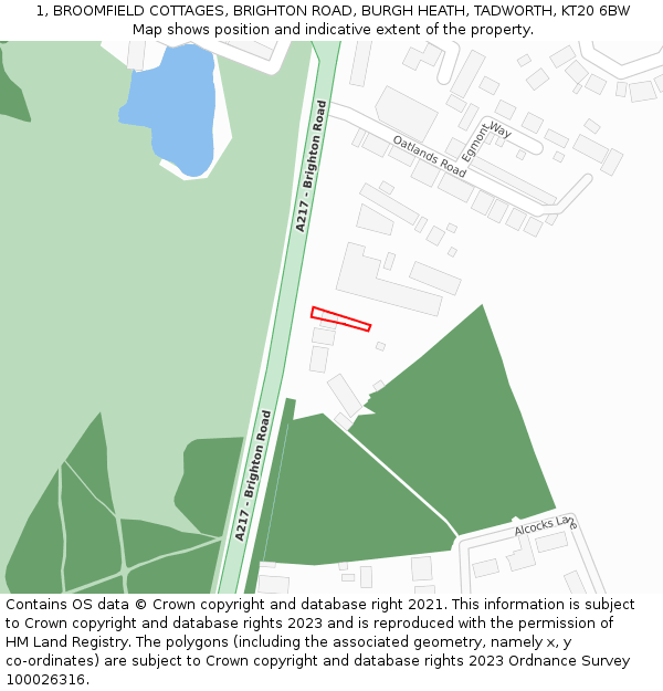 1, BROOMFIELD COTTAGES, BRIGHTON ROAD, BURGH HEATH, TADWORTH, KT20 6BW: Location map and indicative extent of plot