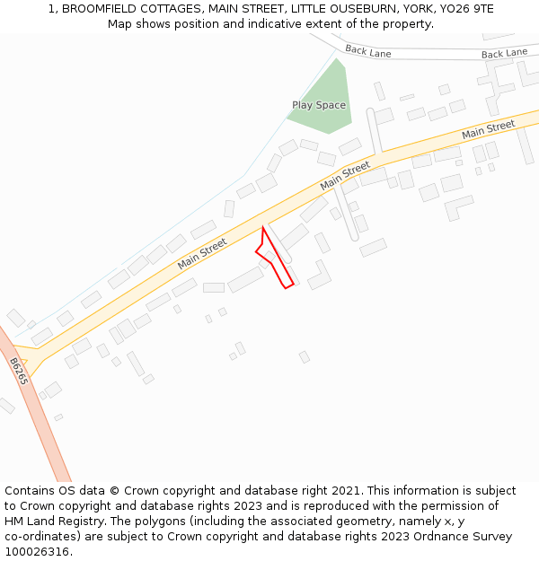 1, BROOMFIELD COTTAGES, MAIN STREET, LITTLE OUSEBURN, YORK, YO26 9TE: Location map and indicative extent of plot