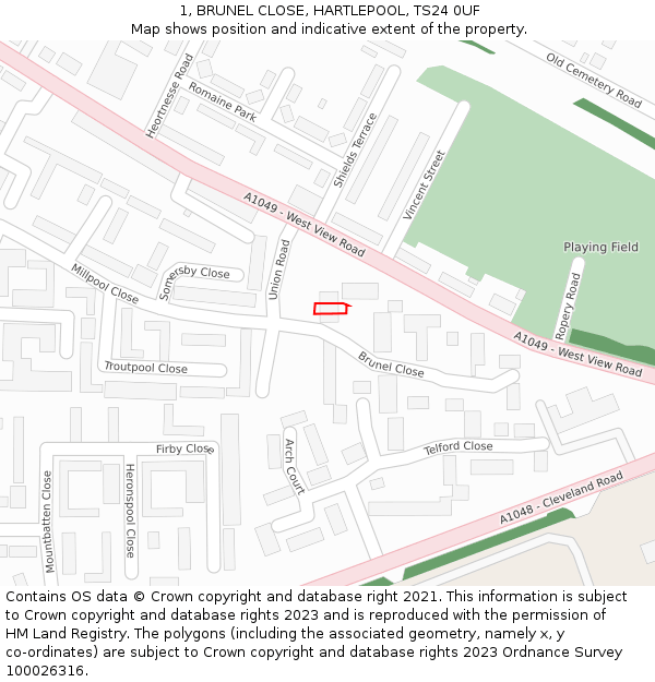 1, BRUNEL CLOSE, HARTLEPOOL, TS24 0UF: Location map and indicative extent of plot