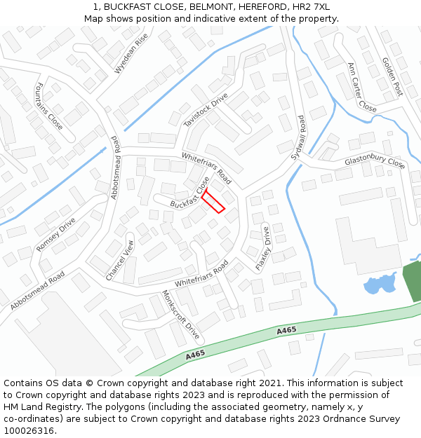 1, BUCKFAST CLOSE, BELMONT, HEREFORD, HR2 7XL: Location map and indicative extent of plot