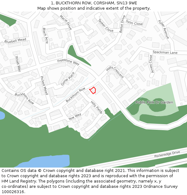 1, BUCKTHORN ROW, CORSHAM, SN13 9WE: Location map and indicative extent of plot