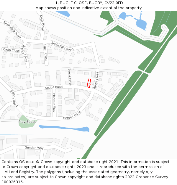 1, BUGLE CLOSE, RUGBY, CV23 0FD: Location map and indicative extent of plot