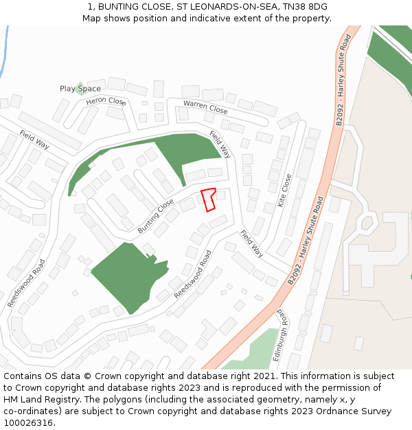 1, BUNTING CLOSE, ST LEONARDS-ON-SEA, TN38 8DG: Location map and indicative extent of plot