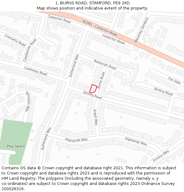 1, BURNS ROAD, STAMFORD, PE9 2XD: Location map and indicative extent of plot