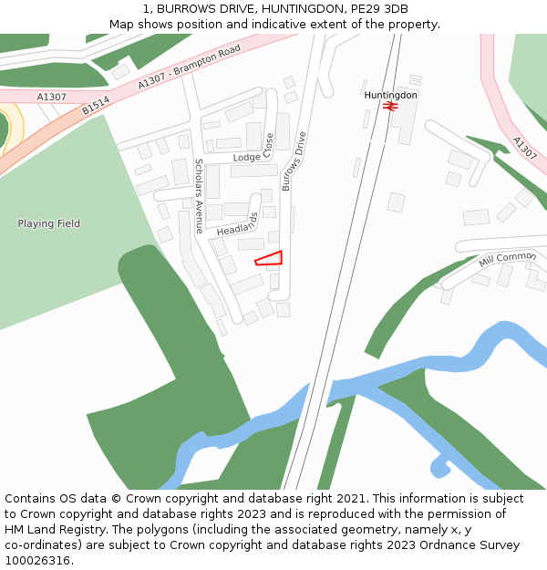 1, BURROWS DRIVE, HUNTINGDON, PE29 3DB: Location map and indicative extent of plot