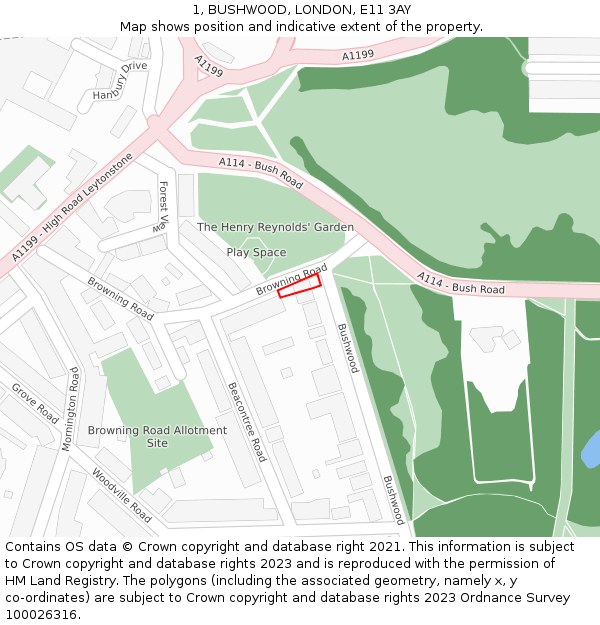 1, BUSHWOOD, LONDON, E11 3AY: Location map and indicative extent of plot