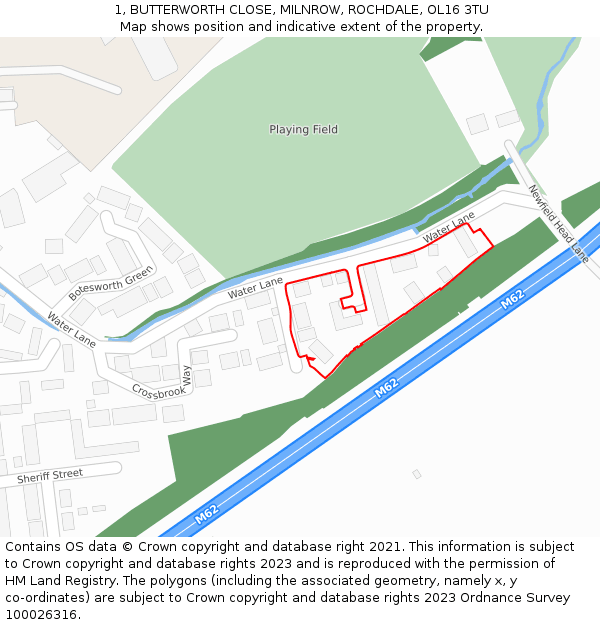 1, BUTTERWORTH CLOSE, MILNROW, ROCHDALE, OL16 3TU: Location map and indicative extent of plot