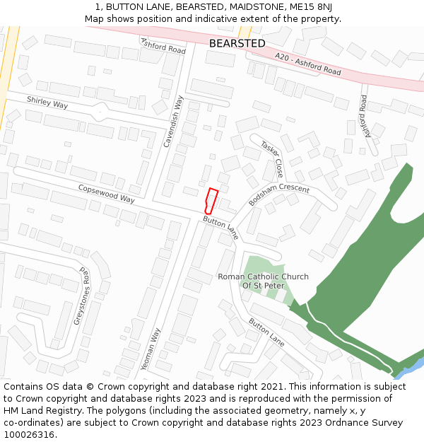 1, BUTTON LANE, BEARSTED, MAIDSTONE, ME15 8NJ: Location map and indicative extent of plot