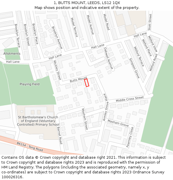 1, BUTTS MOUNT, LEEDS, LS12 1QX: Location map and indicative extent of plot