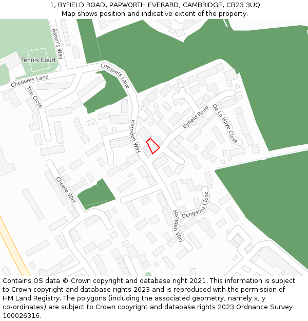 1, BYFIELD ROAD, PAPWORTH EVERARD, CAMBRIDGE, CB23 3UQ: Location map and indicative extent of plot
