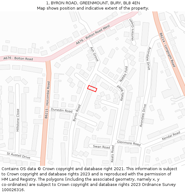 1, BYRON ROAD, GREENMOUNT, BURY, BL8 4EN: Location map and indicative extent of plot