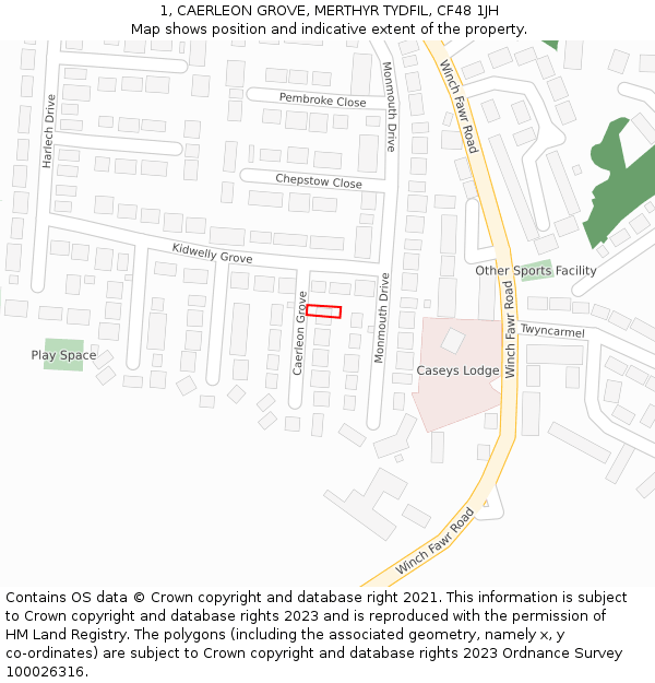 1, CAERLEON GROVE, MERTHYR TYDFIL, CF48 1JH: Location map and indicative extent of plot