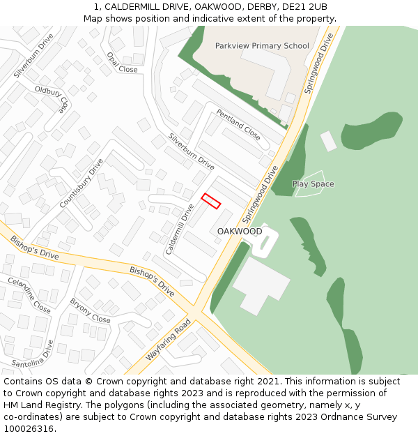 1, CALDERMILL DRIVE, OAKWOOD, DERBY, DE21 2UB: Location map and indicative extent of plot