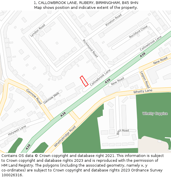 1, CALLOWBROOK LANE, RUBERY, BIRMINGHAM, B45 9HN: Location map and indicative extent of plot