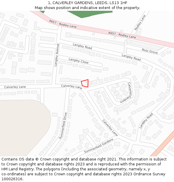 1, CALVERLEY GARDENS, LEEDS, LS13 1HF: Location map and indicative extent of plot