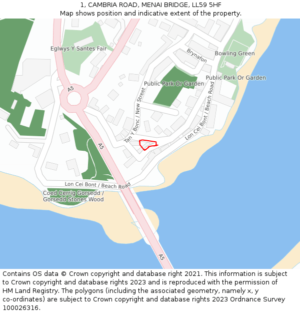 1, CAMBRIA ROAD, MENAI BRIDGE, LL59 5HF: Location map and indicative extent of plot