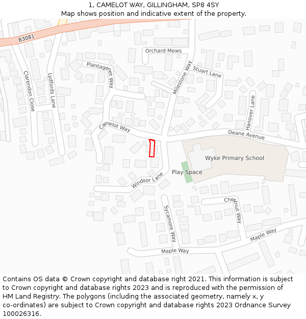 1, CAMELOT WAY, GILLINGHAM, SP8 4SY: Location map and indicative extent of plot