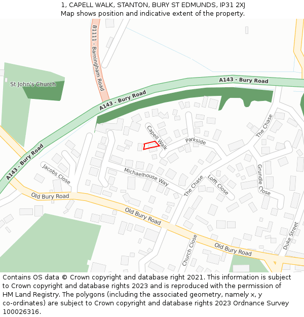 1, CAPELL WALK, STANTON, BURY ST EDMUNDS, IP31 2XJ: Location map and indicative extent of plot