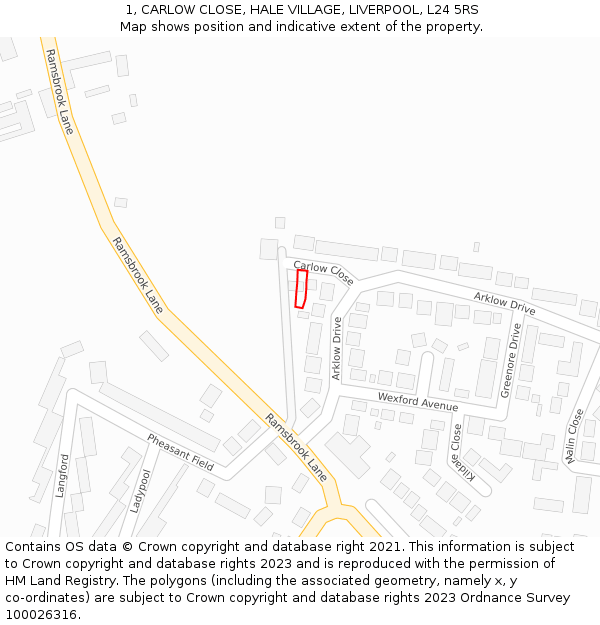 1, CARLOW CLOSE, HALE VILLAGE, LIVERPOOL, L24 5RS: Location map and indicative extent of plot