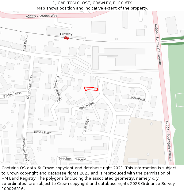 1, CARLTON CLOSE, CRAWLEY, RH10 6TX: Location map and indicative extent of plot