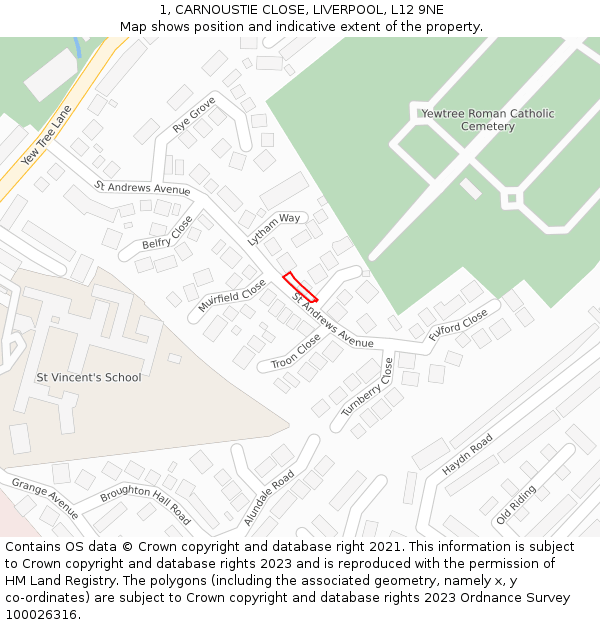 1, CARNOUSTIE CLOSE, LIVERPOOL, L12 9NE: Location map and indicative extent of plot