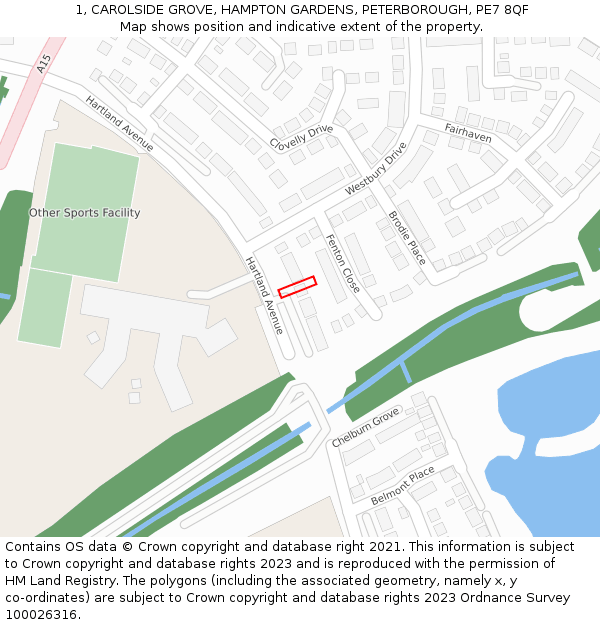 1, CAROLSIDE GROVE, HAMPTON GARDENS, PETERBOROUGH, PE7 8QF: Location map and indicative extent of plot
