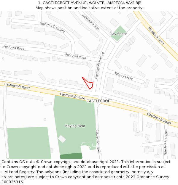 1, CASTLECROFT AVENUE, WOLVERHAMPTON, WV3 8JP: Location map and indicative extent of plot