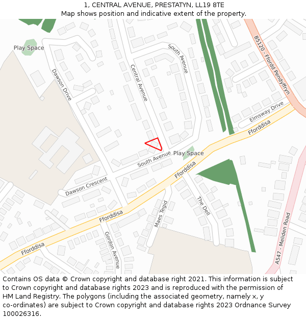 1, CENTRAL AVENUE, PRESTATYN, LL19 8TE: Location map and indicative extent of plot