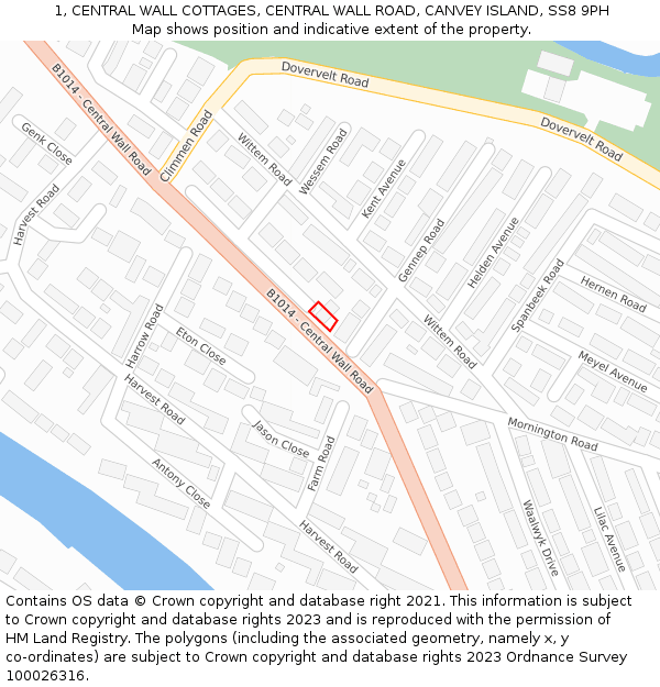 1, CENTRAL WALL COTTAGES, CENTRAL WALL ROAD, CANVEY ISLAND, SS8 9PH: Location map and indicative extent of plot
