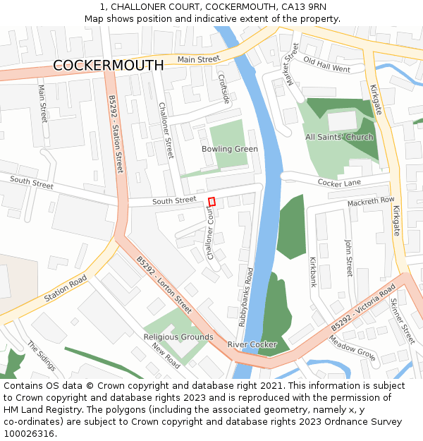 1, CHALLONER COURT, COCKERMOUTH, CA13 9RN: Location map and indicative extent of plot