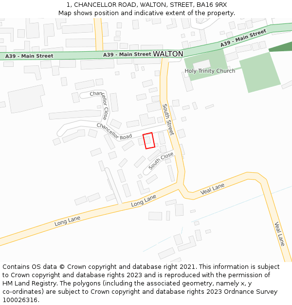 1, CHANCELLOR ROAD, WALTON, STREET, BA16 9RX: Location map and indicative extent of plot