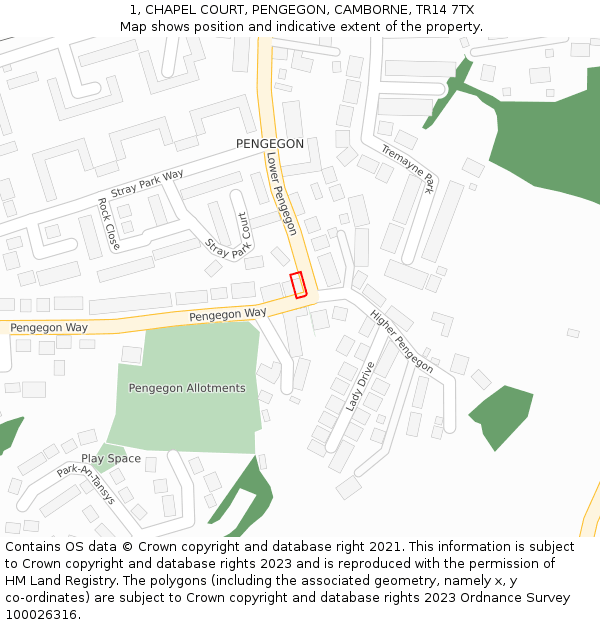 1, CHAPEL COURT, PENGEGON, CAMBORNE, TR14 7TX: Location map and indicative extent of plot