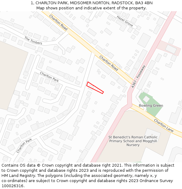 1, CHARLTON PARK, MIDSOMER NORTON, RADSTOCK, BA3 4BN: Location map and indicative extent of plot