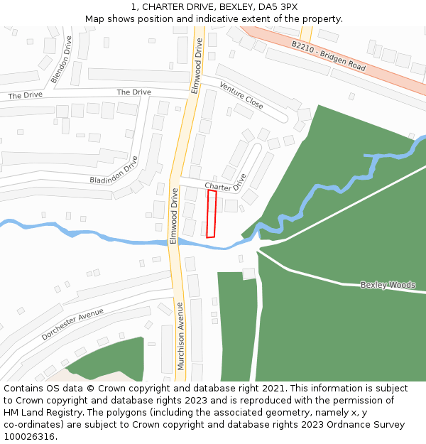1, CHARTER DRIVE, BEXLEY, DA5 3PX: Location map and indicative extent of plot